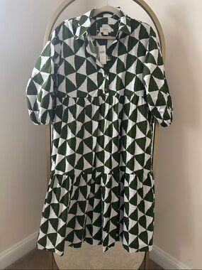 Anthropologie Green & White Geometric Tiered Button-Front Dress